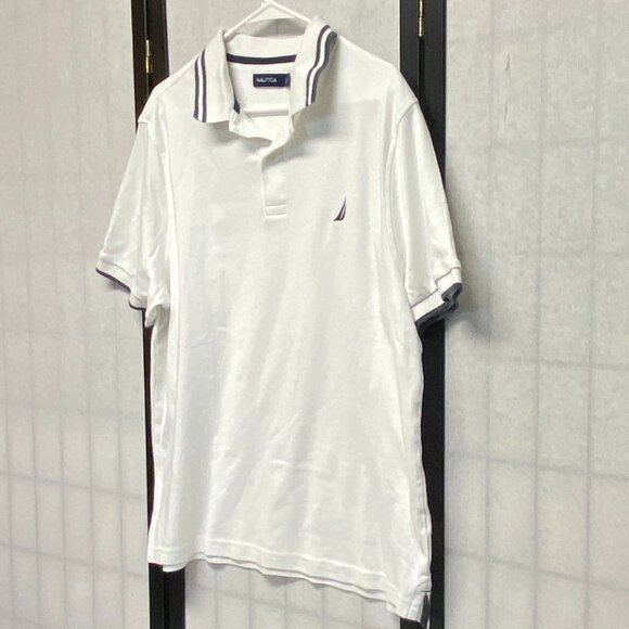 Nautica Short Sleeve Striped Band Collar Sleeve 2 Button Polo Shirt White Navy L - Picture 4 of 12